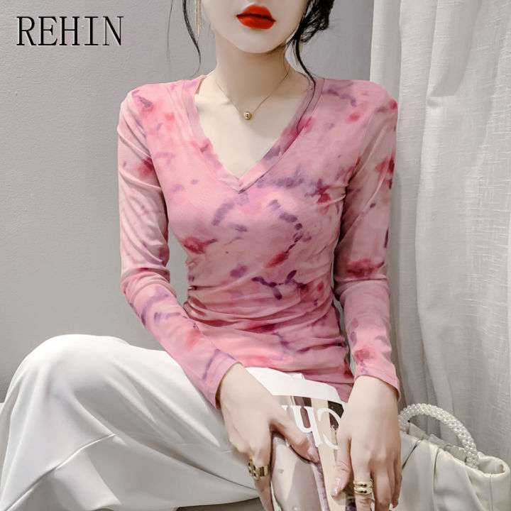 rehin-เสื้อยืดคอวีสลิมฟิตแขนยาวสำหรับผู้หญิง-เสื้อมาใหม่ล่าสุดแฟชั่น