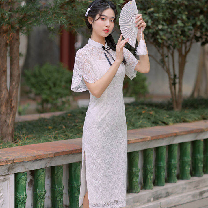 2022จินผ้าฝ้ายเย็บปักถักร้อยเนื้อสาว-cheongsam-ตาข่ายขนาดเล็กสดสีดำโบว์-cheongsam