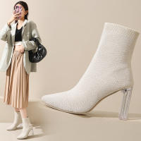 Bot Modis สำหรับผู้หญิงส้นโปร่งใสสไตล์เกาหลีปลายแหลมใหม่ส้นสูงถักรองเท้าบู๊ตหุ้มข้อรองเท้าส้นตึก