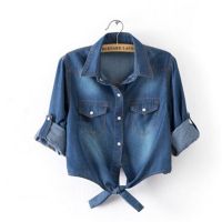 blouses women new style 2023 blouses women semi formal Summer Casual cropped sleeves Shirt Denim cotton short Women Shirts button up blouses womens sexy Blouse tops