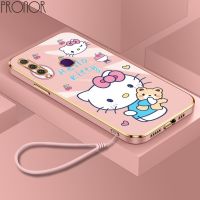 Casing Huawei Y6P 2020 Y6 Pro Y7 Prime 2019 Y7 Pro Y9 Prime 2019 Y7A Y8P Y9S Luxury Plating Hello Kitty Square Edge Ultra-thin Phone Case Shockproof Cover +Liquid Lanyard