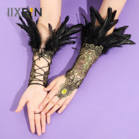 Steampunk ลูกไม้ Feather ข้อมือ Cuffs Gothic Feather ถุงมือ Stage Showgirl บราซิล Carnival Rave Party คอสเพลย์ละตินเต้นรำ2Pcs