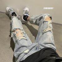 CODwumei04 vibe Style Pants High Street ins Wear Ripped Jeans Men Summer Thin Cropped风裤子高街ins潮牌毛边破洞牛仔裤男夏季薄款破烂风九分裤Celana angin jalan tinggi dalam fashion brand pinggir mentah dan hole jeans lelaki musim panas manis angin ragged Capris