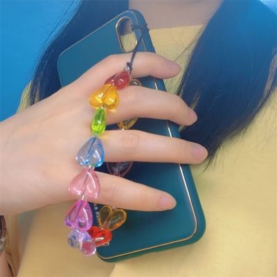 2021 New Colorful Sweet Cute Transparent Heart Beaded Long Mobile Phone Chain for Women Girls Trend Party Jewelry Accessories