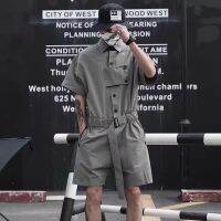 ；【‘；- Hip Hop Short Jumpsuit Male Streetwear Men Black Bodysuits Overalls Pants Summer Pockets Shorts Suit With Adjustable Waist Belt