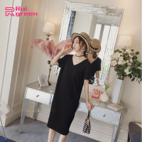 Rui green Korean version dress Casual Loose V-neckline Mid Long T-shirt Dress