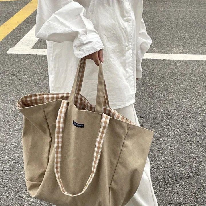 hot-sale-c16-double-sided-design-plaid-canvas-tote-bag-korean-ins-lazy-style-shoulder-bag-handbag