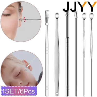 JJYY 6pcs/set Ear Wax Pickers Stainless Steel Earpick Wax Remover Curette Ear Pick Cleaner Ear Cleaner Spoon Care Ear Clean Tool