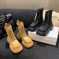 ผึ้งก้น Caohuatang3Thick รองเท้าบูท Martin ผู้หญิง2023ฤดูใบไม้ร่วง Sepatu BOOT Pendek Bootscaohuatang3สีน้ำตาลสไตล์อังกฤษสีเหลืองบาง