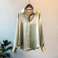 Silk Satin Office Ladies Elegant Shirts And Blouses Korean Button Up Satin Shirts For Women Vintage Long Sleeve White Shirts Top