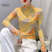 YIMEI เสื้อยืดพิมพ์ลายตาข่ายยืดหยุ่นสำหรับผู้หญิง2023ใหม่เสื้อแขนยาวเข้ารูปพอดีคอสูงสำหรับฤดูใบไม้ร่วง