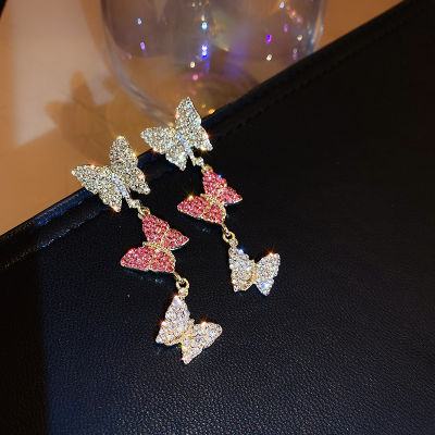 ต่างหูผีเสื้อเพชรแท้ S925 เข็มเงินเกาหลีKorean version of S925 silver needle full diamond butterfly earrings