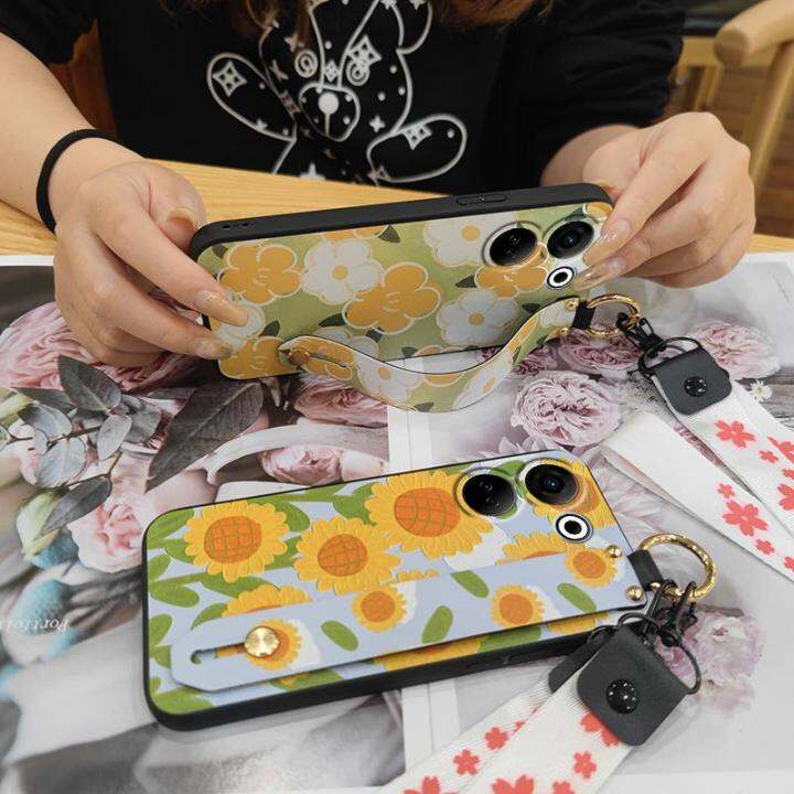 anti-dust-kickstand-phone-case-for-tecno-camon20-pro-4g-ck7n-wrist-strap-lanyard-painting-flowers-shockproof-sunflower