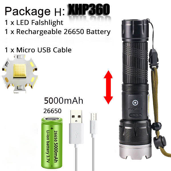 xhp360-flashlight-ไฟฉายสปอตไลท์-ไฟฉายแรงสูง-ไฟฉาย-อลูมิเนียมอัลลอยด์-with-1-26650-battery-ledยุทธวิธีแบบพกพาชาร์จมือถือได้-แรงสูงชาร์จ-usb-ไฟฉายแบบชาร์จ-สว่างมาก-ปรับได้-7-mode-โหมดสว่างมากสำหรับการตั