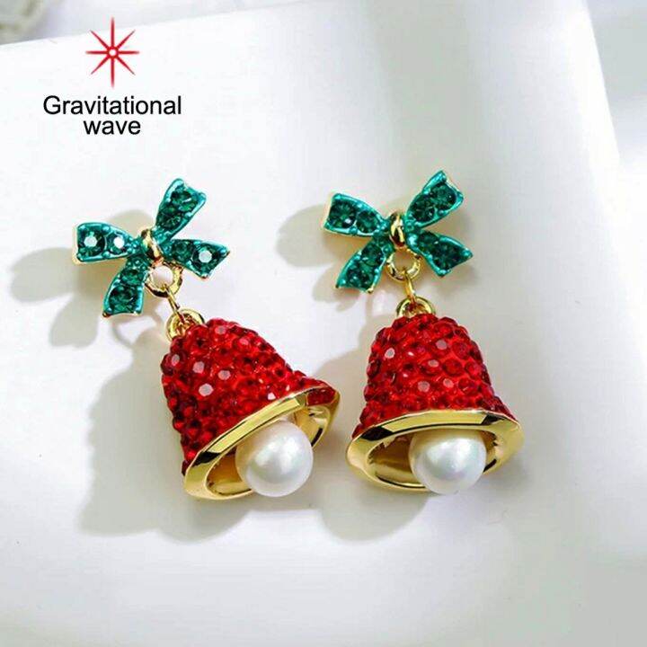 gravitational-wave-women-rhinestone-wind-chime-bell-bow-faux-pearl-stud-ต่างหู-xmas-เครื่องประดับ-gift