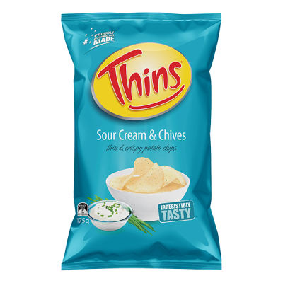 Thins Sour Cream and Chives Thin &amp; Crispy Potato Chips 175g ทินส์มันฝรั่งแผ่นทอดกรอบรสซาวครีมแลใบกระเทียม ขนาด 175 กรัม (0122)