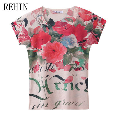 REHIN เสื้อยืดผู้หญิงลายดอกไม้พิมพ์ลายคอกลมแขนสั้นเสื้อเชิ้ตชายเสื้อสวย S-3XL