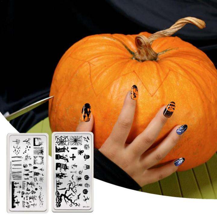 halloween-series-nail-art-templates-skull-bat-castle-wizard-doodle-style-printing-stencil-transfer-steel-plate-template-convenient