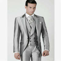 ใหม่ผู้ชายชุด Smolking Noivo Terno Slim Fit Easculino ชุดราตรีชุดสำหรับชาย Silver Prom Tuxedos เสื้อ + กางเกง + เสื้อกั๊กเจ้าบ่าวN