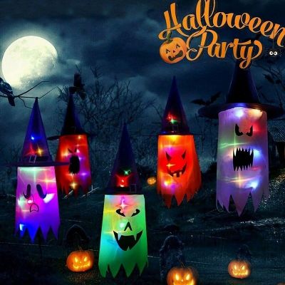 Led Halloween Decoration Flashing Light Devil Ghost Festival Dress Up Glowing Wizard Ghost Hat Lamp Decor Hanging Lantern