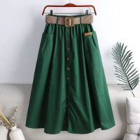 COD ☫▫℗ qafh47 [Ready Stock] Ladies midi skirt Elastic waist Big pocket Pure cotton skirt Free Belt Korean Style Slim Slit Washed High Waist Skirt Mid-length A-line skirt 纯棉高腰半身裙 松紧腰A字裙