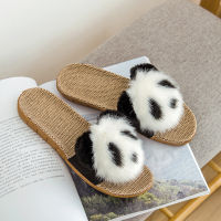 Cute Panda Slippers Women Indoor Summer Flax House Shoes Cartoon Flip Flops Comfortable Bedroom Ladies Slides Fashion Shoes