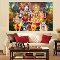 Shiva Parvati Ganesha ศิลปะอินเดียเทพเจ้าฮินดูภาพจิตรกรรมผืนผ้าใบโปสเตอร์และภาพพิมพ์ทางศาสนาภาพติดผนังตกแต่งสำหรับห้องนั่งเล่นไร้กรอบ ACM ของขวัญ