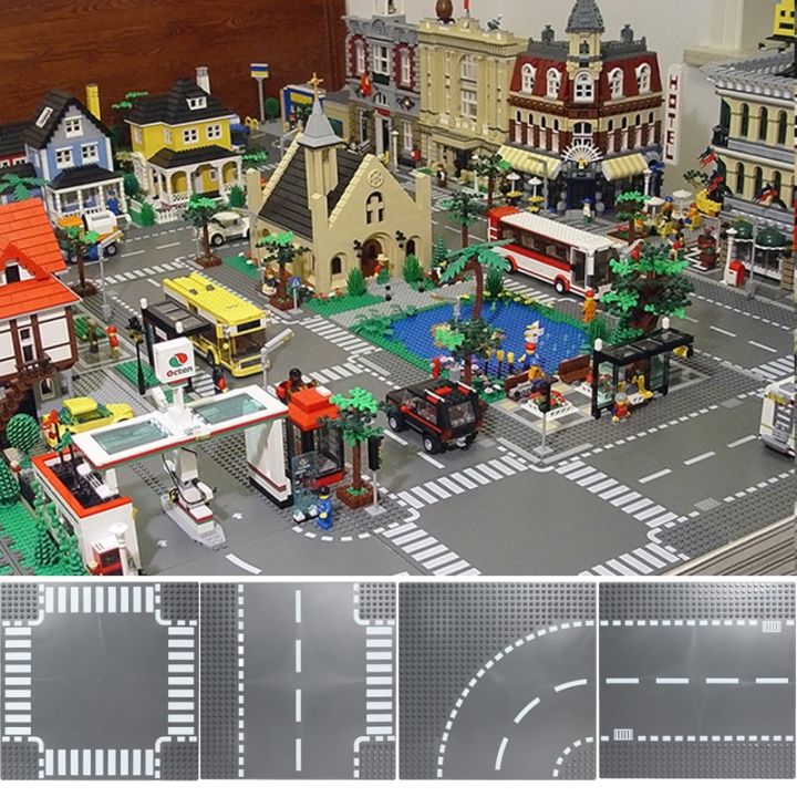 แผ่นฐานถนนบล็อกตัวต่อแผ่นแผ่นถนนเส้นโค้งไขว้แบบตรงตัวต่อของเล่นแผ่นโลหะของเล่นฐานสำหรับเลโก้