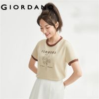 ☎▦ GIORDANO Women T-Shirts Flower Print Contrast Color Fashion Tee Summer Short Sleeve 100 Cotton Summer Casual Tshirts 05323406