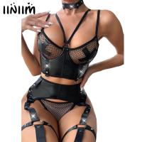 Sexy Womens PU Leather Porn Lingerie Set Bustier Cosplay Clubwear Patchwork Bra Crop Top Hollow Out Thong Garter Belt Underwear