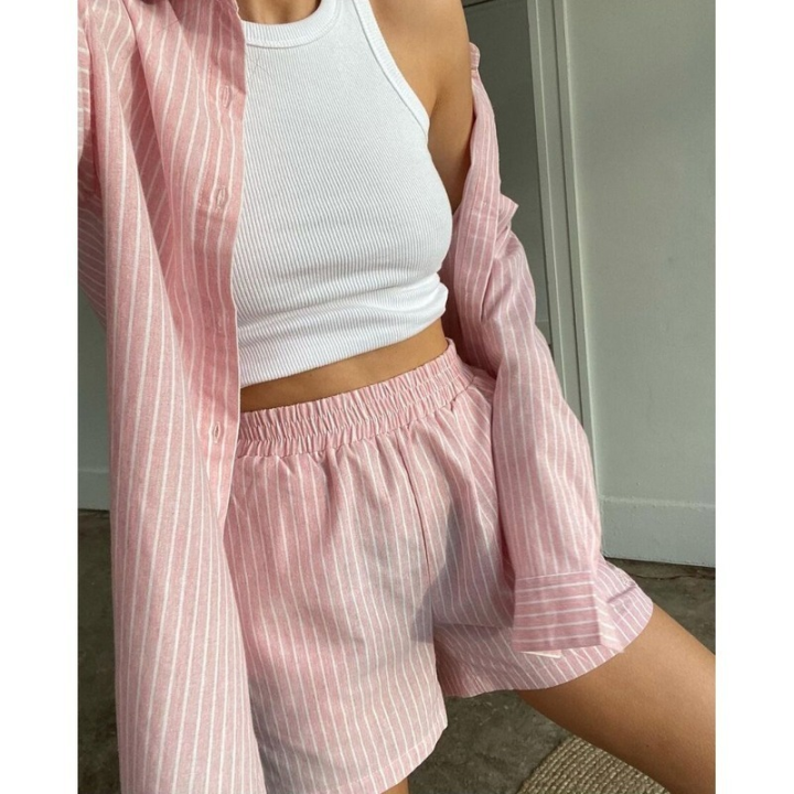 loung-wear-womens-home-clothes-stripe-long-sleeve-shirt-tops-and-loose-high-waisted-mini-shorts-two-piece-set-pajamas