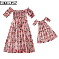 BEKE MATA Mother Daughter Dresses 2022 Floral Print Chiffon Off-shoulder Family Matching Mom And Daughter Clothes Outfits Set