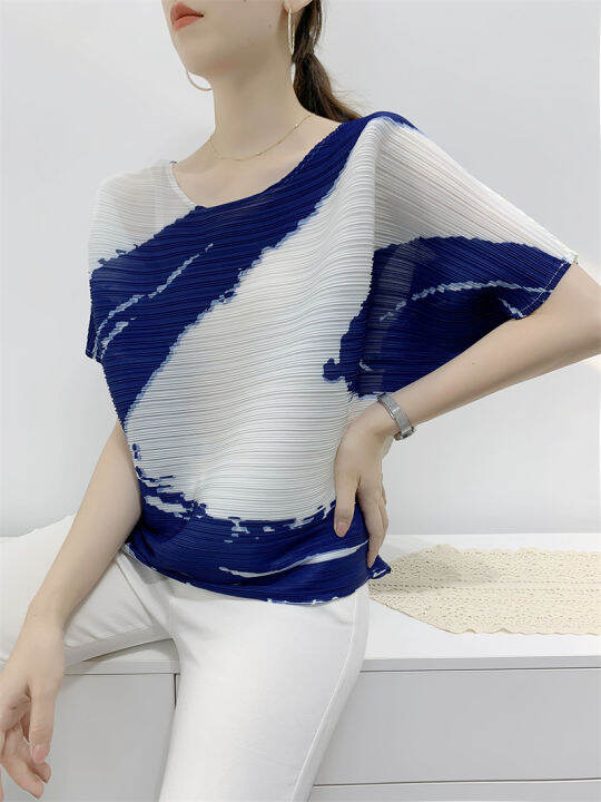 new-printed-short-sleeved-slim-womens-pleated-top