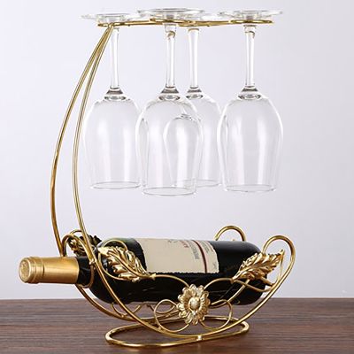 Table Top Upside Wine Rack And Goblet Rack Can Hold 1 Bottle And 4 Glass Independent Countertop Wine Glass Display Gold
