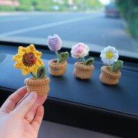 【jw】№  Handwoven mini potted crochet fio girassol carro interior centro console decoração decorações