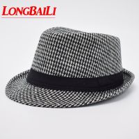 Longbaili Winter Black And White Houndstooth Pattern Fedora Hats For Men Chapeu Masculino Panama Jazz Cap MEDB001