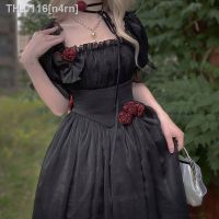 ◑❆▪ n4rn Vestido preto vintage francês estilo Hepburn para mulheres manga folhada de flor doce vestido princesa lolita gótico verão