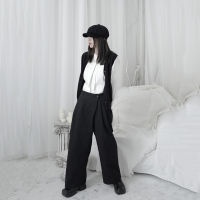 [EAM] High Waist Black Pleated Stitch Long Wide Leg Trousers New Loose Fit Pants Women Fashion Tide Spring Autumn 2022 1DB400