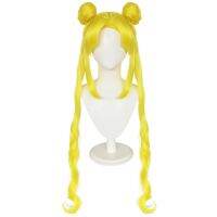 Hot Sailor Moon สำหรับ Tsukino Usagi Long Curly Double tails Golden สีบลอนด์สีเหลืองเงินสังเคราะห์คอสเพลย์วิกผม &amp; 1Pc หมวกวิกผม