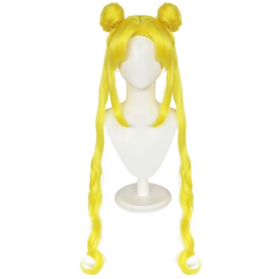 Hot Sailor Moon สำหรับ Tsukino Usagi Long Curly Double tails Golden สีบลอนด์สีเหลืองเงินสังเคราะห์คอสเพลย์วิกผม &amp; 1Pc หมวกวิกผม