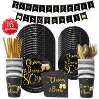 【JIU YU】۩◎❆  Cheers and Beers Birthday Party Supplies Conjunto de Talheres Descartáveis Prato Copo Guardanapo Banner 80th Birthday Decorações