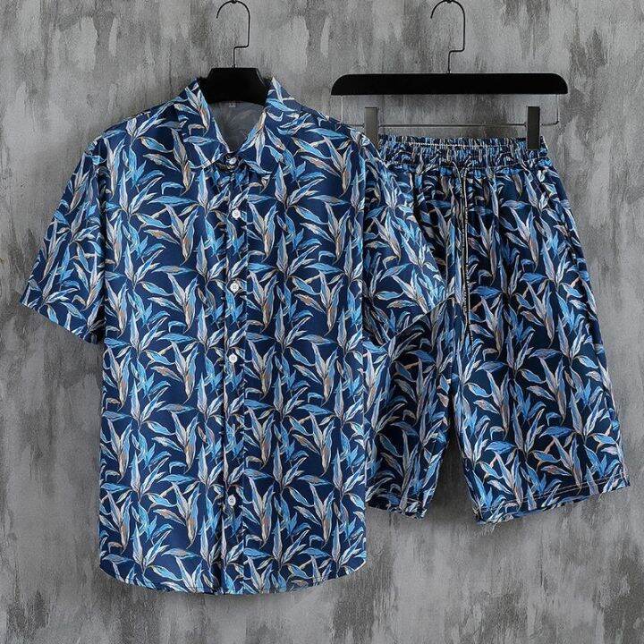 ชุดสูทฤดูร้อนของผู้ชาย-pdd8-14วันหยุดฮาวายเสื้อเชิ๊ตลายดอกไม้หลวมดอกไม้ห้าจุดกางเกงชายหาดคู่รักชุดลำลองของผู้ชาย