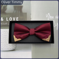 [Oliver Timmy] โบว์ไทด์หัวโลหะสำหรับผู้ชายโบว์ผูกคอรูปผีเสื้อผีเสื้อทำจากโพลีเอสเตอร์สีล้วนแบบคลาสสิก