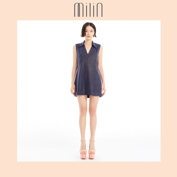milin-point-collar-v-neck-mini-dress-เดรสสั้นคอวีพร้อมปกเสื้อสามารถใส่แบบสวมหัวได้-promote-dress
