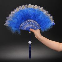 Lolita Feather Folding Fan For Women Girls Wedding Party Decorations Black White Feathers Hand Fans Prom Clothing Accessories