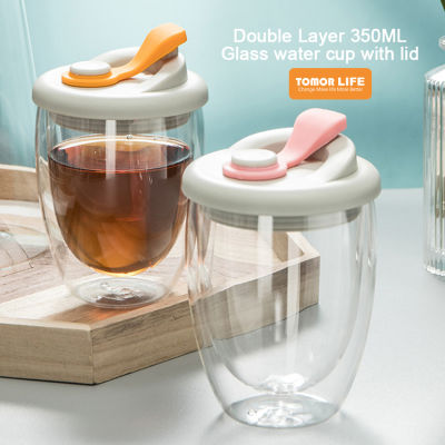 Tomor Life สองชั้น350ML ถ้วยแก้วน้ำพร้อมแก้วกาแฟฝาแก้วที่สร้างสรรค์แก้วบอโรซิลิเกตทรงสูงถ้วยเครื่องดื่ม