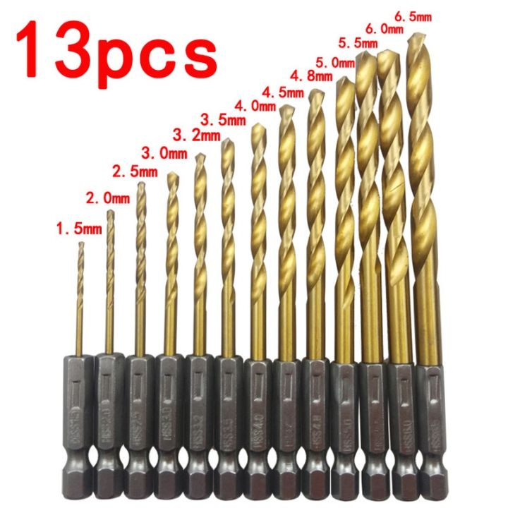 quality-13pcs-1-4-hex-shank-1-5-6-5mm-drill-bits-hss-high-speed-steel-titanium-coated-drill-bit-set-power-tools-accessories-drills-drivers