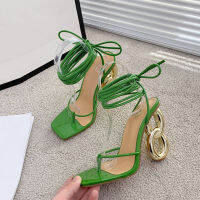 Liyke New Fashion Green Cross Ankle Strap Womens Strange High Heels Sandals Summer Pinch Narrow Band Square Toe Party Shoe