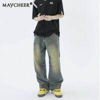 MAYCHEER กางเกงยีนส์วินเทจของผู้ชายสีน้ำเงินสีเหลืองหม่นกางเกงขาตรงกางเกงทรงหลวมที่คลุมไม้ถูพื้น