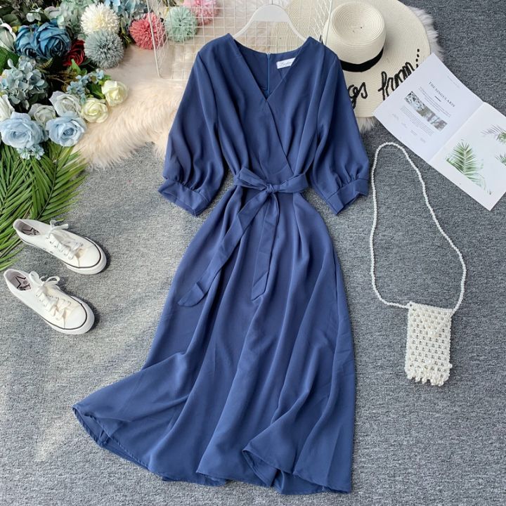 2021Neploe Vintage V Neck Midi Long Bandage Dress Lantern Sleeve Party Vestido Women Casual High Waist Elegant A-Line Vestidos